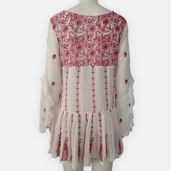 Free People White Chiffon Red Embroidered V Neck Boho Tunic Top - Picture 6 of 16